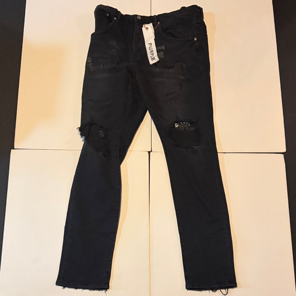 Purple Brand Men's Distressed Black Jeans dropped fit mid rise with slim leg